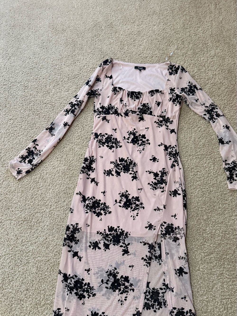 Trixxi Pink Mesh Long Sleeve Dress with Black Floral Print